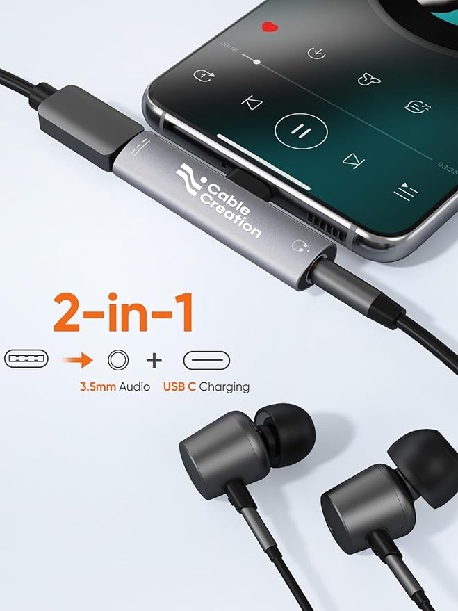CableCreation USB C to 3.5mm Headphone and Charger Adapter, 2 in 1 Type-C to 3.5mm Audio Hi-Res with PD Fast Charge, USB C to Aux with Charging Dongle for iPhone 16 15 Pro Max, Galaxy 24+, Pixel, iPad