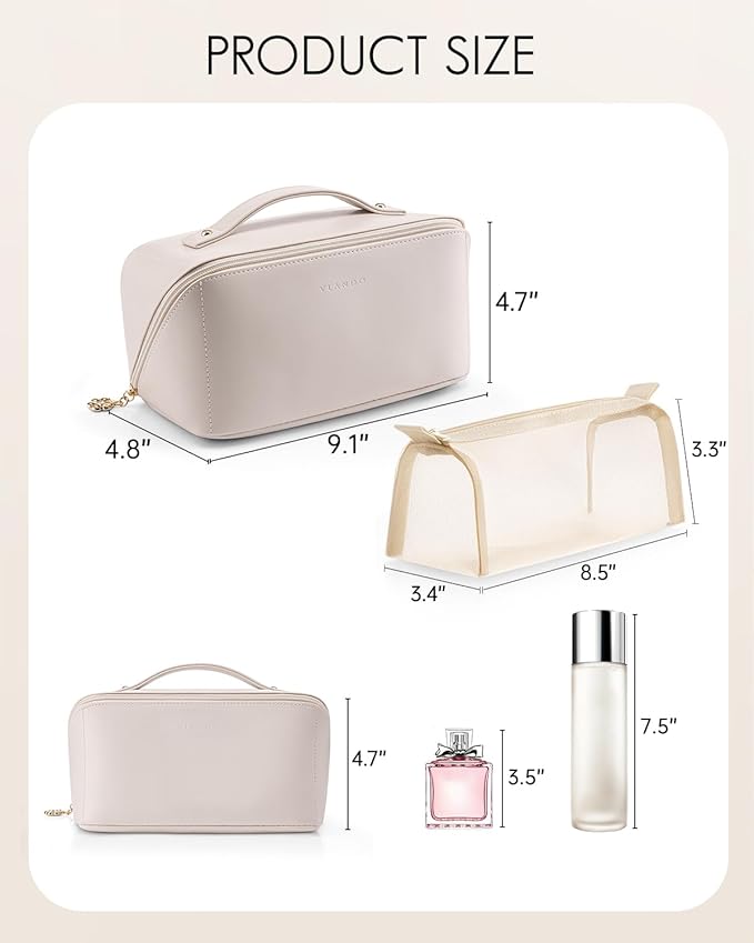 Vlando Travel Makeup Bag,Teacher Appreciation Gifts,Large Capacity Toiletry Bag for Women Wide Open Cosmetic Organizer with Divider and Handle(White)