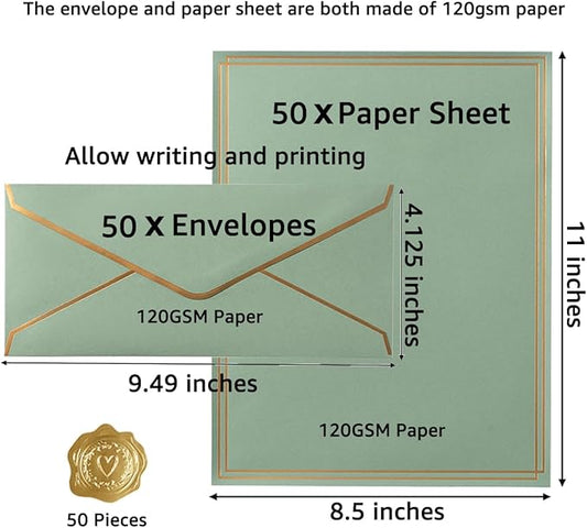50 Pack Stationery Set with Gold Border, #10 Business Envelopes and 8.5x11 Paper Sheets and Stickers for Writing Letters (Sage-Green, 8.5x11 Inches)