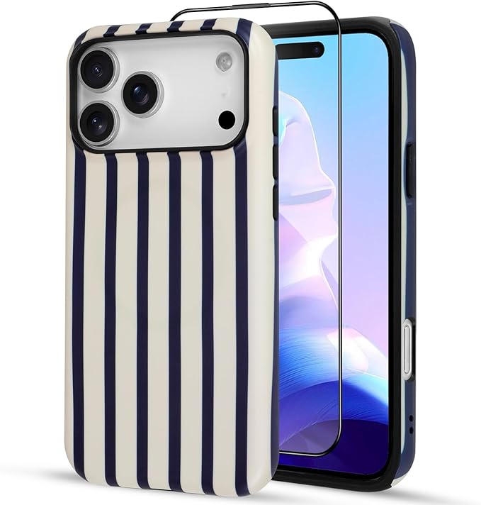 SOKAD Magnetic Vertical Stripes Phone Case for iPhone 17 Pro, Cute Navy Blue Striped Line Pattern Compatible with Magsafe Matte Protective Case Cover with Screen Protector for Girls Women