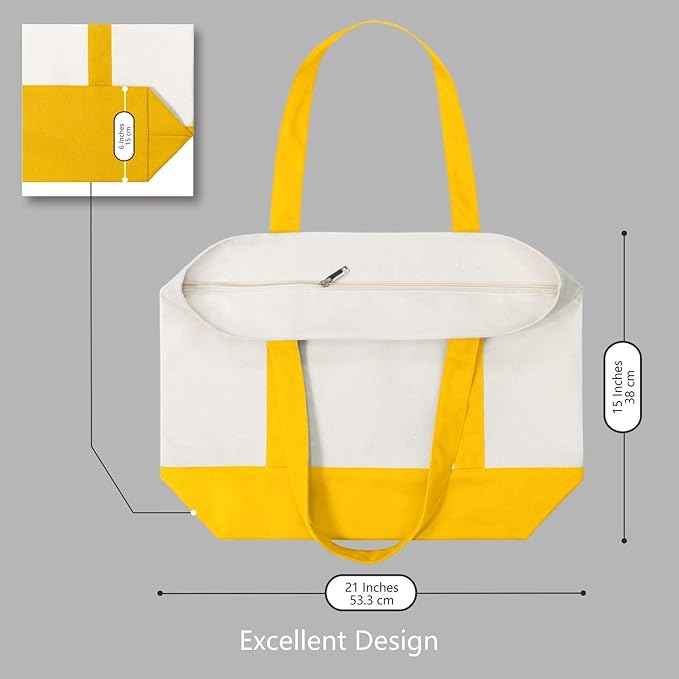 TOPDesign 6-Pack Canvas Tote Bags with an External Pocket, Reusable Grocery Shopping Bags, Top Zipper Closure, Daily Essentials (Yellow/Natural)