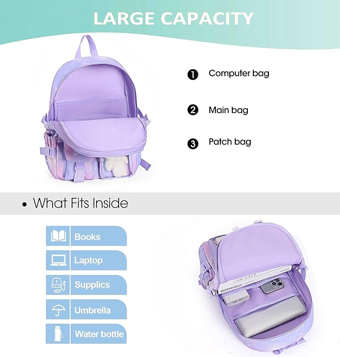 Kawaii Backpack for Teen Girls, Cute Aesthetic High Middle School College Bookbag with Accessories, Purple