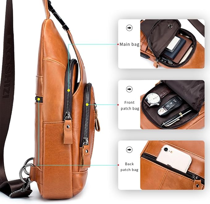 pundarika Leather Sling Bag for Men,small Crossbody Shoulder bag for men,men’s shoulder pack crossbody sling backpack.-brown