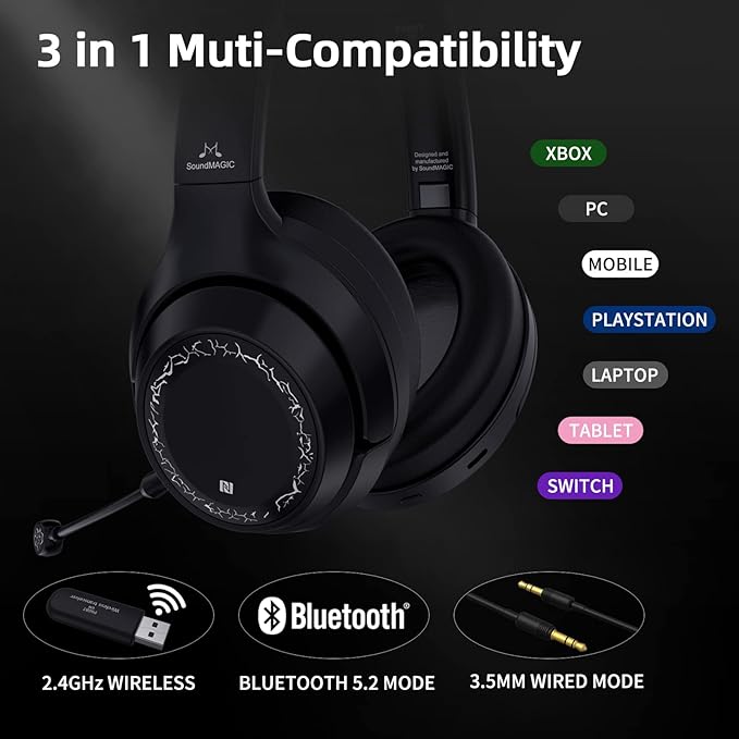 SoundMAGIC P60BT GM Performance Wireless Gaming Headset - Surround Sound 2.4GHz USB/Bluetooth Headphones 50 Hours Lasting Lower Latency Compatibility for PC Mobile PS4 PS5 Xbox Consoles
