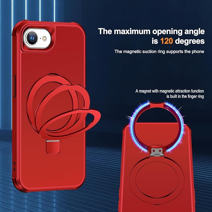 Compatible with iPhone 16E Case with Invisible Magnetic O-Ring Stand Military-Grade Case for iPhone 16E 6.1" 2025 [Compatible with Mag-Safe][Great Grip Feeling], Red