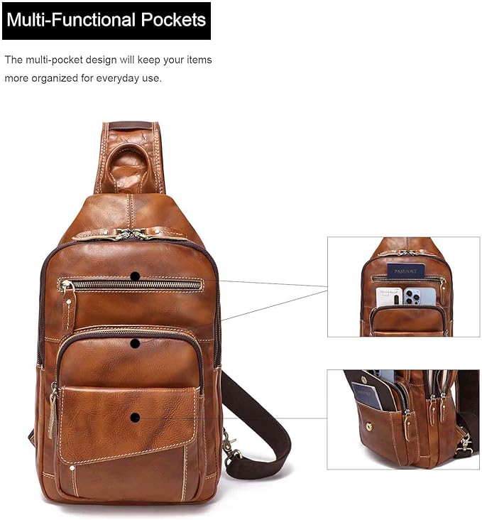 LANNSYNE Full Grain Leather Casual Sling Bag For Men Hiking/Travel/Business Crossbody Chest Bag Fits 12.9" iPad