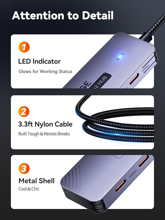 10Gbps USB C Hub: Splitter with 4 USB-C Ports High-Speed Type-C Multiport Adapter 1M(3.3Ft) Nylon Cable Compatible with MacBook Pro/Air, iPad Pro/Mini 6, Surface Pro, Chromebook, Dell XPS and More