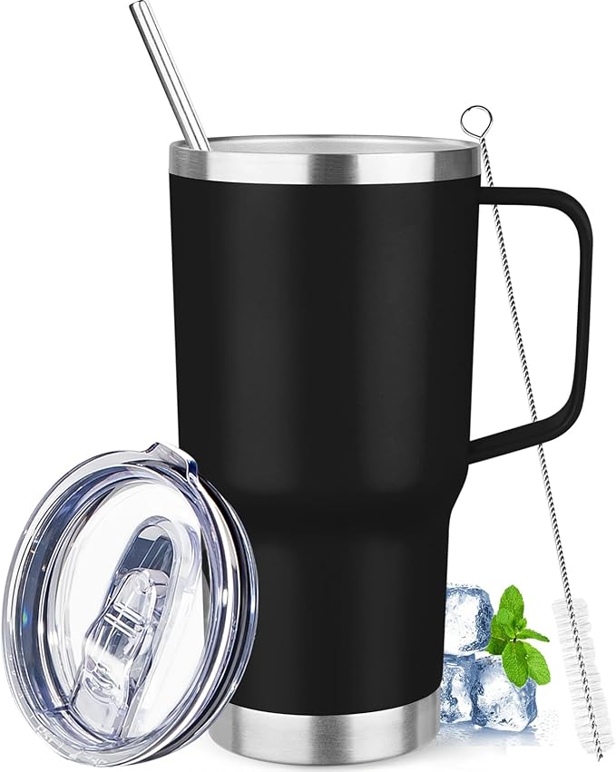 20 oz Tumbler with Handle Stainless Steel Insulated Coffee Mug Tumbler with Lid and Straw Double Wall Vacuum Insulated Coffee Mug Leak Proof Travel Mug Tumbler for Hot and Cold Drink (Black,1pack)