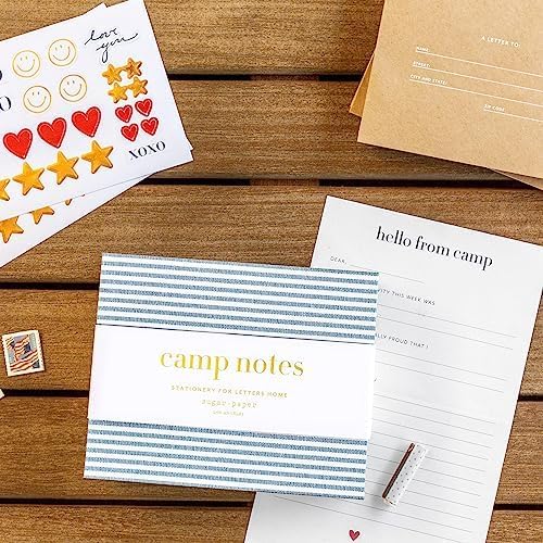 Sugar Paper Camp Notes Set, 12 Prompted Notes with Envelopes and Decorative Stickers, 6.25" x 2" x 5" Storage Box with Dividers, Letters From Camp