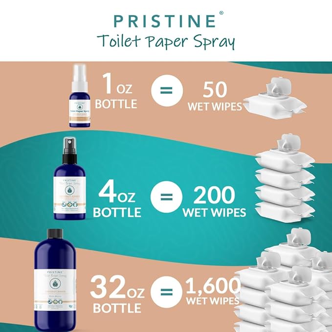 PRISTINE Toilet Paper Spray - As Seen on Shark Tank, More Natural Flushable Wet Wipes Alternative, Spray Toilet Paper to Create Flushable Wipe, Coconut Amber, 1 fl oz Travel Size