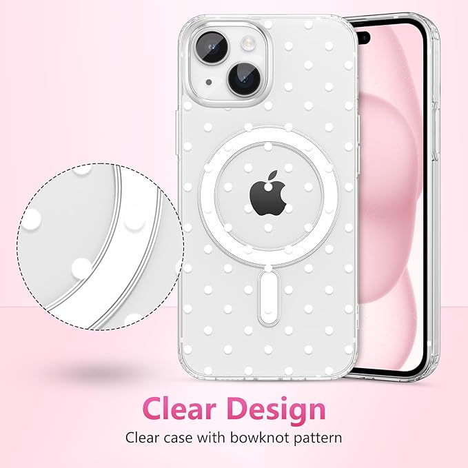 ZTOFERA Magnetic for iPhone 15 Case,Cute Polka Dot Phone Case Aesthetic Striped Clear Trendy Slim Soft Shockproof Protective Phone Cover for Women Girls, White Dot
