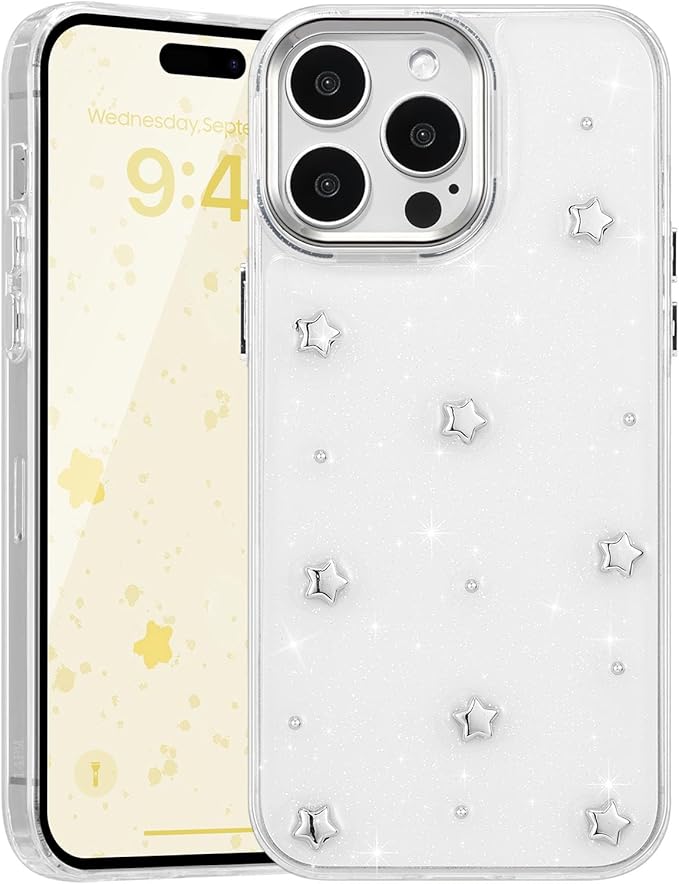 EYZUTAK Case for iPhone 14 Pro Max, Bling Glitter 3D Stars Phone Case Cute Sparkly Crystal Clear Star Aesthetic Design Case Slim Soft Durable TPU Transparent Protective Cover for Women Girls - Star