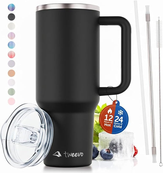 40 oz Tumbler With Handle and Straw Made of Stainless Steel - Double Wall Vacuum Insulated Tumbler With Lid - Sweat Proof Easy Grip, BPA-Free, Dishwasher Safe Tumbler (Black)