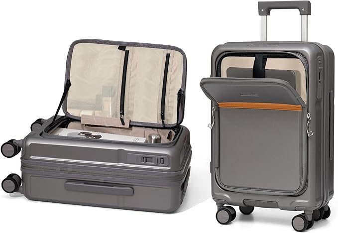 ROAMING Expandable 28-Inch Checked Luggage with Mute Brake Wheels Airline Approved Hard Shell Suitcases with Front Pocket Top Opening Luggage with TSA Lock for Short Business Travel, Palm Grey