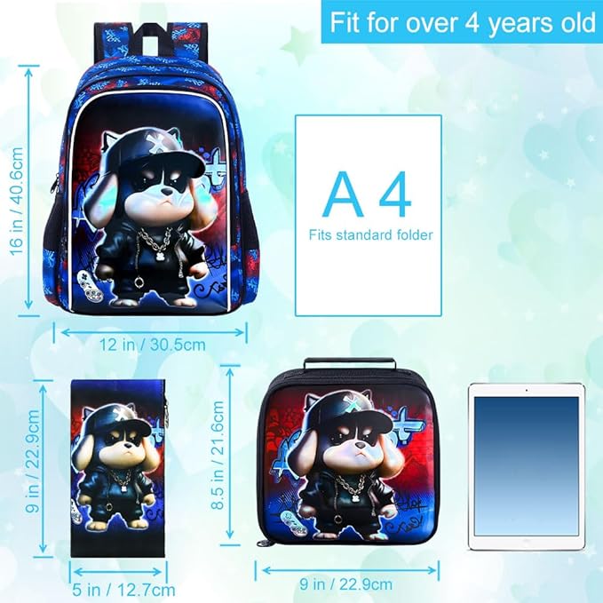 CCJPX 16" Kids Backpack for Boys, 3PCS Dog Water Resistant Preschool Bookbags with Lunch Box, Cool School Bag for Toddler Kids