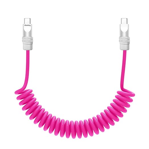 chubbycable Curly Chubby Retractable Fast Charging Cable 240W Coiled Charger Cord for Car Durable USB C Cable Compatible with iPhone 16/15 Series, Pink, Type-C to Type-C, 1.3FT-2.3FT