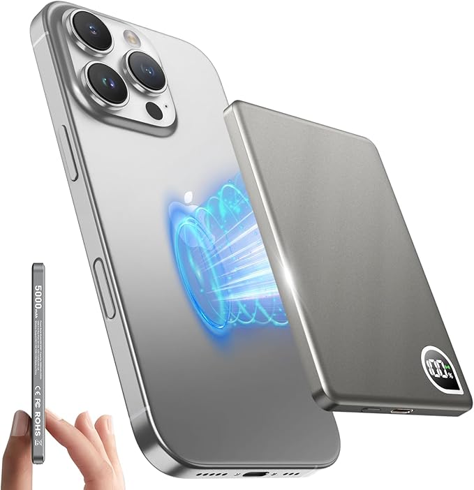 Portable Charger Power Bank, 5000mAh Ultra Slim Battery Bank with USB-C Cable & Digital Display, 22.5W Fast Charging Magnetic Battery Pack for iPhone 16/15/14/13 Series, Samsung & Android(Gray)