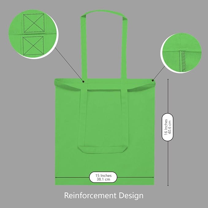 TOPDesign 12-Pack Economical 16"x15" Lime Green Cotton Tote Bag, Lightweight Medium Reusable Grocery Shopping Cloth Bags, Suitable for DIY, Advertising, Promotion, Gift, Activity