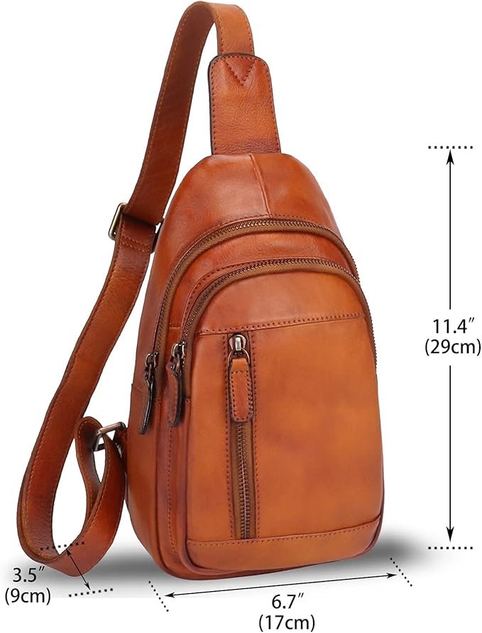 IVTG Genuine Leather Sling Bag Chest Shoulder Pack Crossbody Casual Daypack Vintage Handmade Hiking Backpack Motorcycle Bag (Brown) Medium