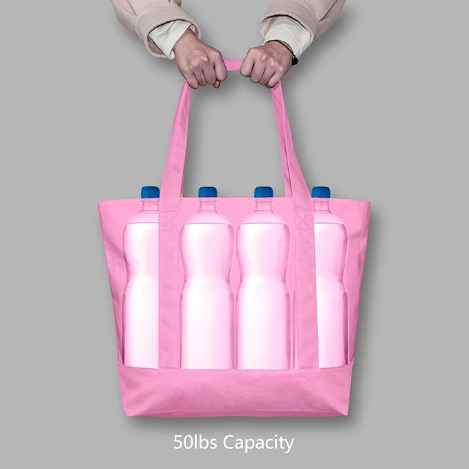 TOPDesign 6-Pack Canvas Tote Bags with an External Pocket, Reusable Grocery Shopping Bags, Top Zipper Closure, Daily Essentials (Pink)