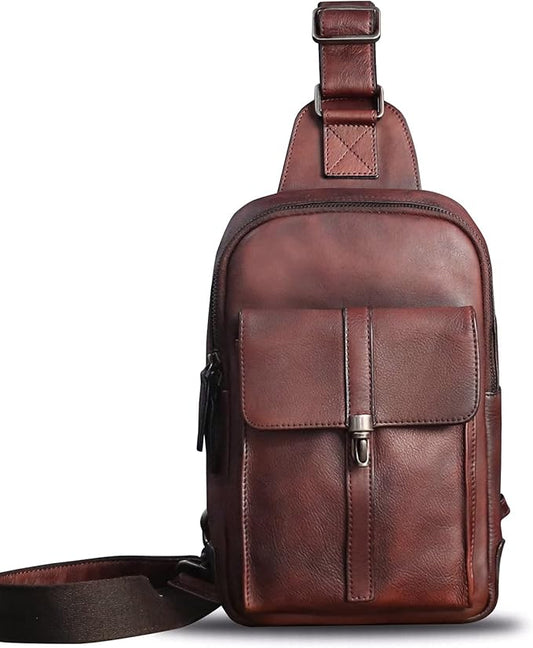 IVTG Genuine Leather Sling Bag Casual Shoulder Hiking Backpack Vintage Handmade Crossbody Bag Retro Chest Daypack (Coffee)
