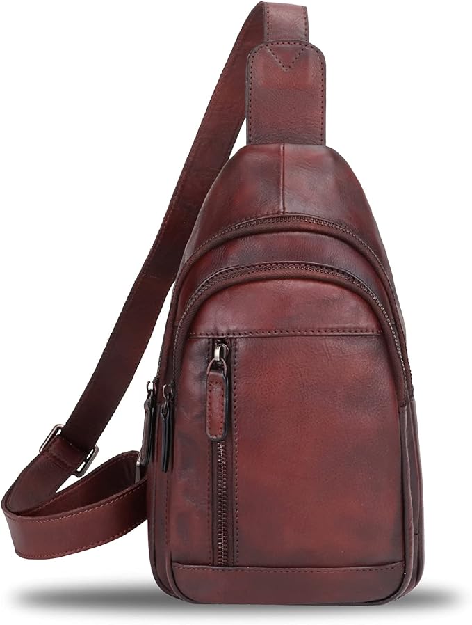 IVTG Genuine Leather Sling Bag Chest Shoulder Pack Crossbody Casual Daypack Vintage Handmade Hiking Backpack Motorcycle Bag (Coffee)