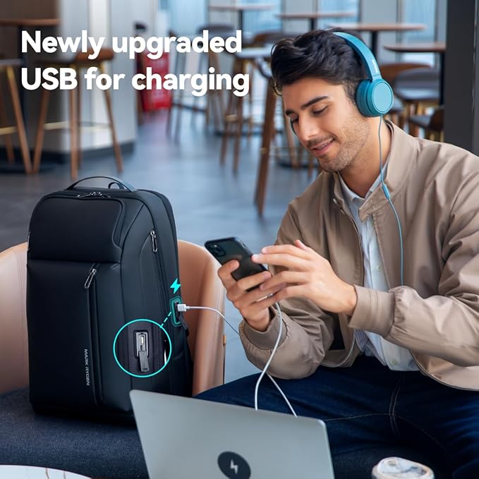 Muzee Business Backpack for Men, Travel Laptop Backpack Fits 15.6 Inch, Waterproof Expandable Bag 25L-35L, Black Work Daypack with USB & USB-C Charging Ports, Anti-Theft Pocket, Luggage Strap