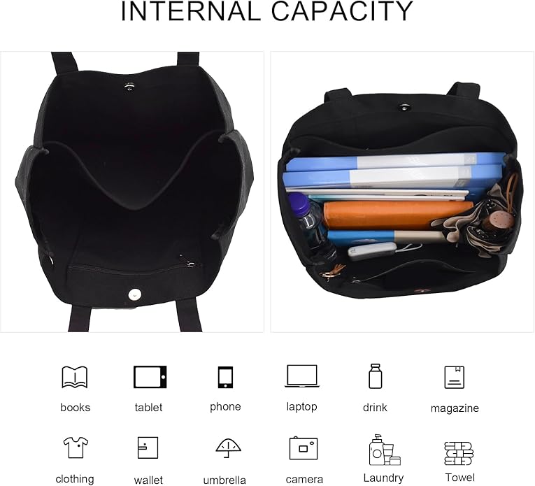 TeeYee Women's 20L Canvas Tote Bag Reusable Multi-Pocket Organizer for Travel Work Gym Shopping Large Shoulder Bag