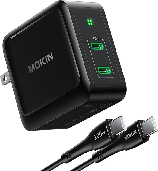 USB C Charger Block, 100W GaN+ Dual Port USB C Fast Charging Block Foldable Compact Wall Charging Power Adapter for MacBook Pro/Air, iPad, iPhone Series, Galaxy S24/S23, and More