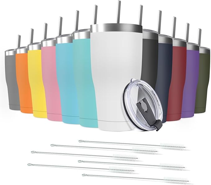 12 Pack 20oz Stainless Steel Tumblers Bulk Reusable Travel Mugs with Lid, Double Wall Powder Coated Coffe Cup for Home, Office, Outdoor Suitable for Vehicle Cup Holders