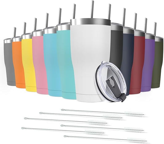 12 Pack 20oz Stainless Steel Tumblers Bulk Reusable Travel Mugs with Lid, Double Wall Powder Coated Coffe Cup for Home, Office, Outdoor Suitable for Vehicle Cup Holders