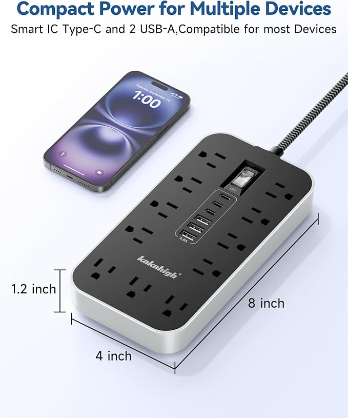 Flat Plug Extension Cord with Multiple Outlets- 10 FT USB Power Strip, 1625W AC Extension Cord with 11 AC Outlet 6 USB (24W/4.8A), Desk Charging Station for Home, Office, Dorm, Gaming Room Essentials