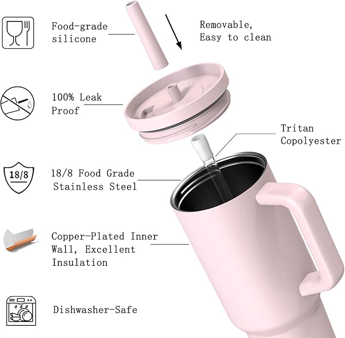 TILUCK 40 oz Tumbler with Handle, Vacuum Insulated Stainless Steel Travel Mug with 100% Leak-Proof Silicone Straw Lid, Cupholder Friendly Water Bottle(LightPink, 40oz)