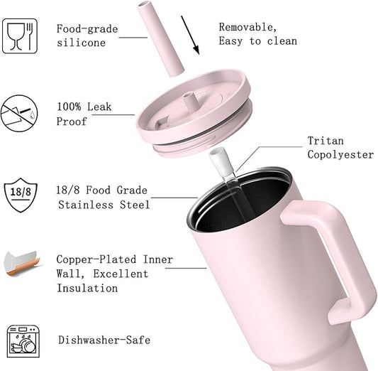 TILUCK 40 oz Tumbler with Handle, Vacuum Insulated Stainless Steel Travel Mug with 100% Leak-Proof Silicone Straw Lid, Cupholder Friendly Water Bottle(LightPink, 40oz)