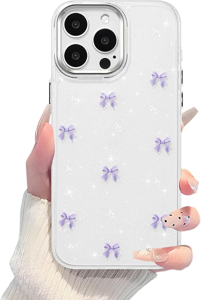 EYZUTAK Case for iPhone 15 Pro, Bling Glitter 3D Bowknot Phone Case Cute Sparkly Crystal Clear Bow Aesthetic Design Case Slim Soft Durable TPU Transparent Protective Cover for Women Girl - Purple Bow