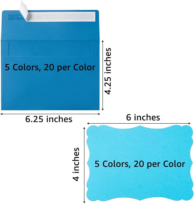 100 Pack A4 Envelopes with Colorful Blank 4x6 Cards Self-Adhesive Business Envelopes Invitations Cards Envelopes (5 Colors Blue, A4)