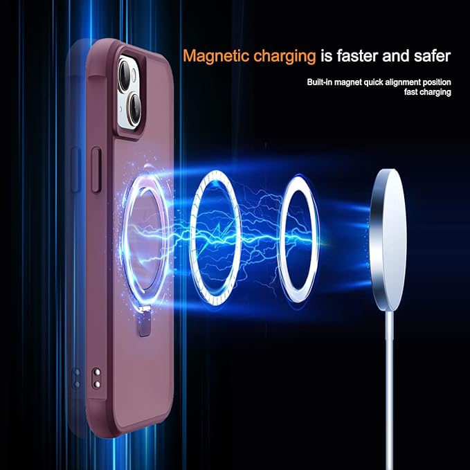 Compatible with iPhone 15 Case with Invisible Magnetic O-Ring Stand Military-Grade Translucent Case for iPhone 15 6.1" [Compatible with Mag-Safe][Great Grip Feeling], Wine Red