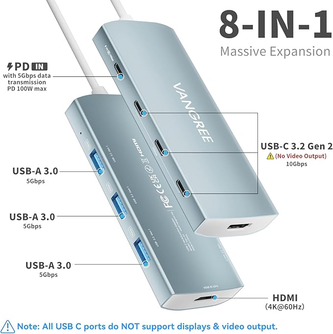 USB C Hub 8 in 1 Multiport Adapter, 3 USB 3.2 Gen 2 Ports with 10Gbps, 3 USB-A 3.0 5Gbps, 4K@60Hz HDMI, 100W PD, USBC Splitter for MacBook Pro, iPad Pro, Mac mini and More(Not Support USB-C Monitor)
