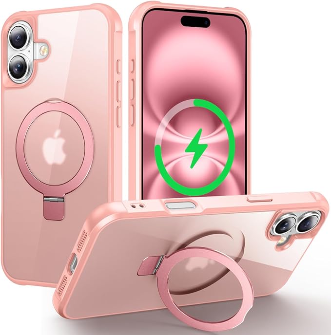 Magnetic Compatible with iPhone 16 Plus Case with Stand [Military Grade Drop Tested][Compatible with Magnet] Ring Translucent Slim Hard Back Soft Edge, Pink