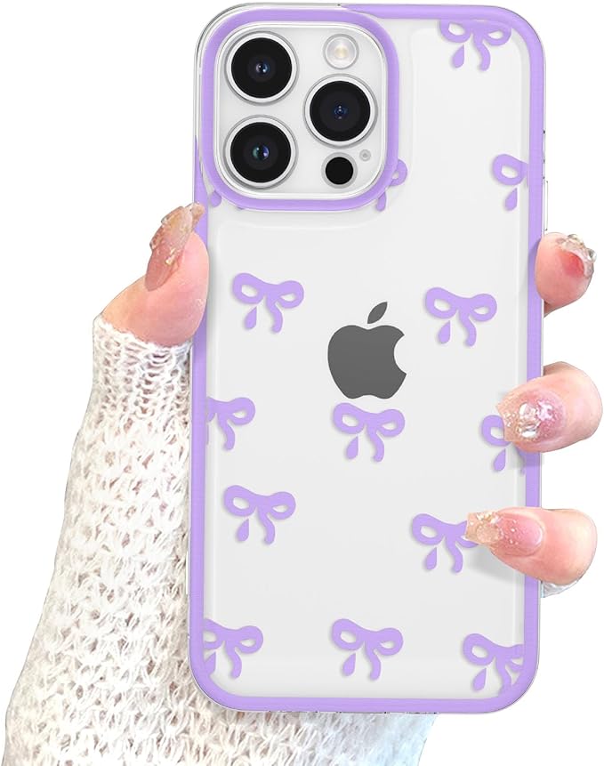 EYZUTAK Case for iPhone 13 Pro Max, Clear Cute Ribbon Bowknot Pattern Aesthetic Transparent Phone Case Raised Camera Protection Stylish Slim Soft Durable TPU Protective Cover for Women Girls - Purple