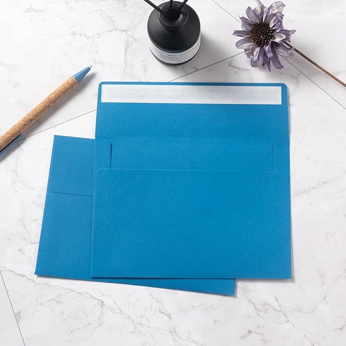 Wishop 50 Pack Blue Self-Adhesive Envelopes with Fold Cards 5 Colors for Wedding Invitations and Greeting Cards (Blue 5 Colors, 4x6)