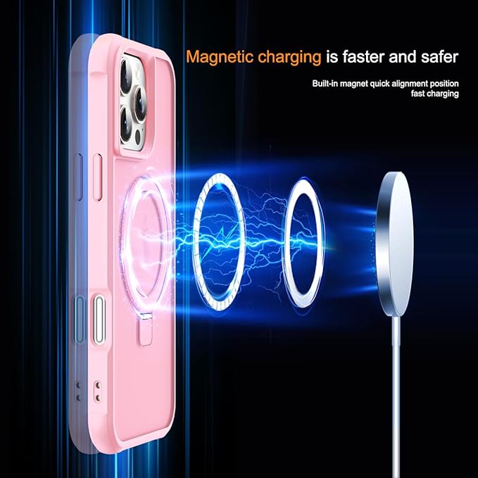 Compatible with iPhone 16 Pro Max Case with Invisible Magnetic O-Ring Stand Military-Grade Translucent Case for iPhone 16 ProMax 6.9" [Compatible with Mag-Safe][Great Grip Feeling], Pink