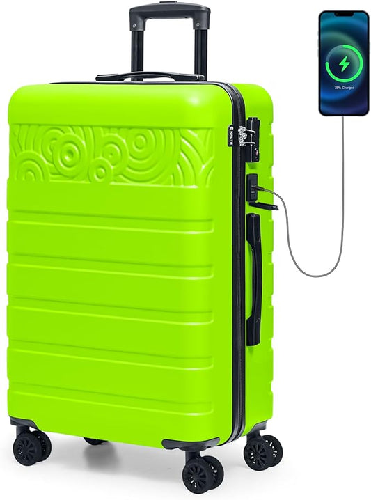 Krute Luggage Suitcase with Spinner Wheels 24-Inch Hardside Checked Luggage with USB Charging Port & TSA Lock Lightweight PC+ABS AppleGreen