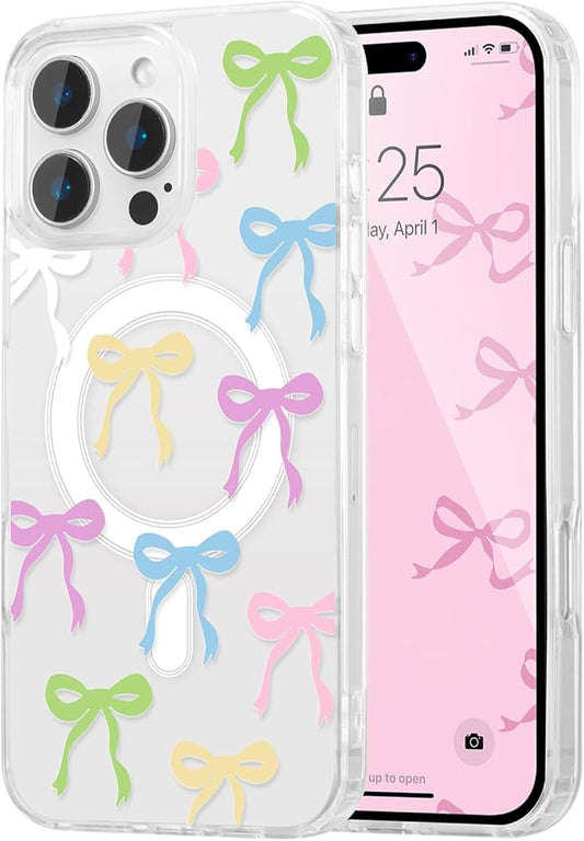 UEEBAI Magnetic for iPhone 16 Pro Max Case, Bow Case Compatible with MagSafe, Wireless Slim Clear Ribbon Aesthetic Phone Cover Anti-Yellowing Shockproof Protective Cover for Women Girl - Colorful