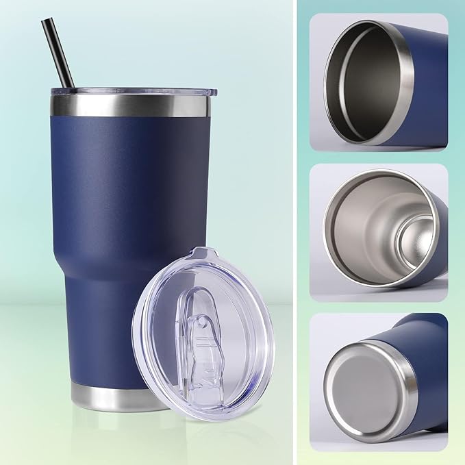 DOMICARE 30oz Tumbler Bulk with Lid and Straw, Double Wall Travel Coffee Mug, Insulated Vacuum Stainless Steel Tumblers, Powder Coated Tumbler Cup (Navy, 8)