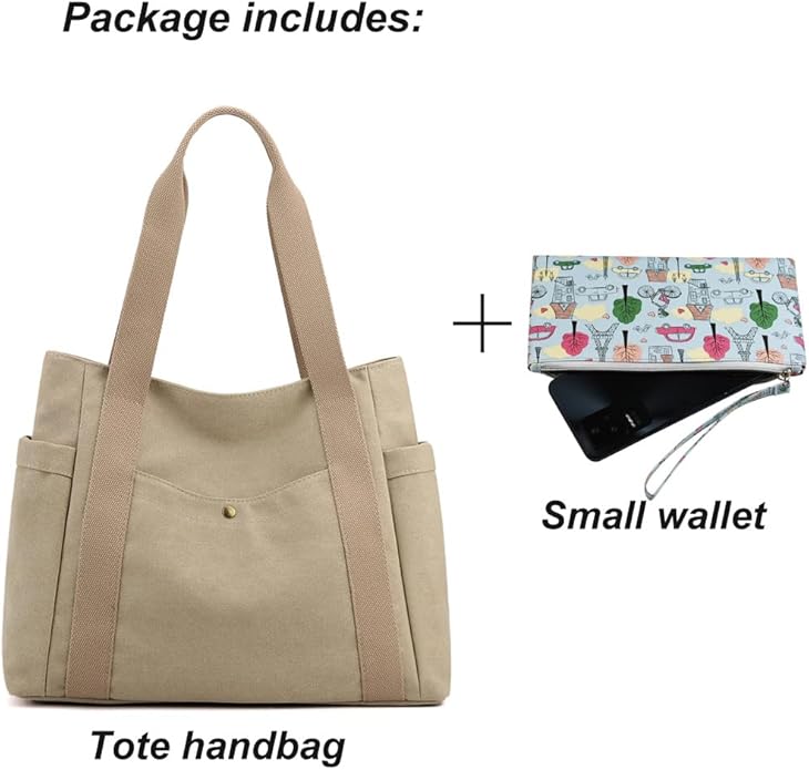 Women's Canvas Tote Handbags Multi-pocket Retro Casual Shoulder Bag Top Handle Satchel Tote Purse