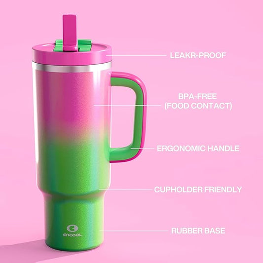 40 oz Tumbler with Handle and Straw: Stainless Steel Insulated Tumbler Keeps Cold for 24 Hours, Leakproof Travel Cup Fits in Cup Holder and BPA-Free, Fuchsia