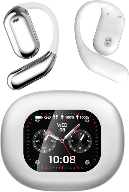 Open Ear Earbud Wireless Bluetooth 5.4 Earbuds,Intelligent Touch Screen Headphones,50H Playtime,Ergonomic Ear Hook,Built-in Mic,LED Display Charging Case,for Sport Running Fitness (Silver)