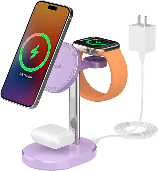 3 in 1 Wireless Charging Station,Detachable Apple Watch Charger & 15W Charger Stand for MagSafe for iPhone, Wireless Charger for Multiple Devices iPhone 16/15/14/13&Watch&AirPods（Purple）