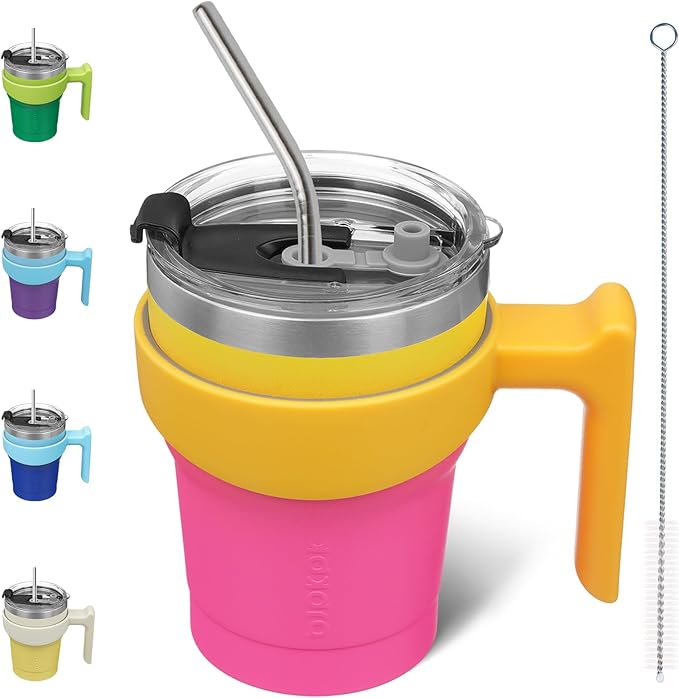 BJPKPK 10 oz Tumbler With Handle And Straw Stainless Steel Travel Mug Insulated Tumbler Cups With Lids,Pink Yellow Rose